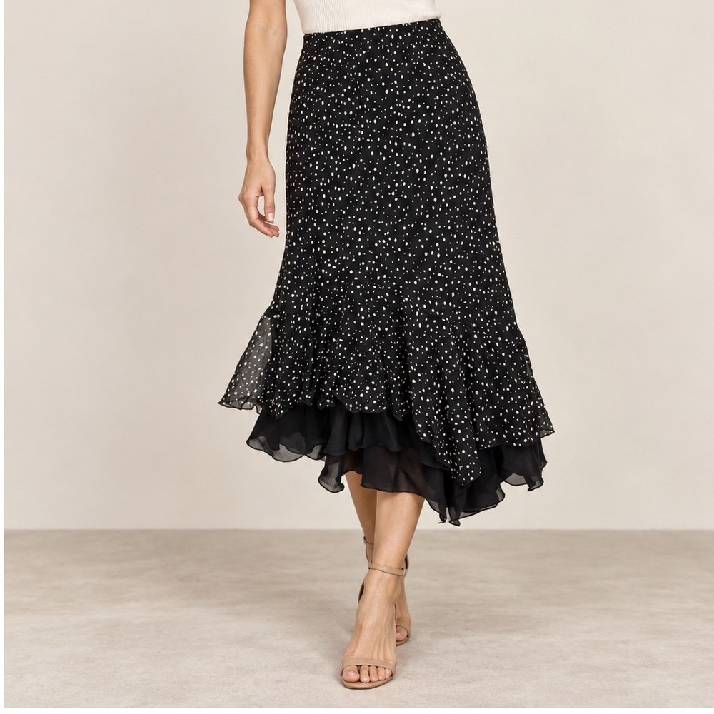 Vtg Chicos Black Polka Dot Ruffle Hem Midi Skirt Asymmetrical Chiffon  3 XL c5